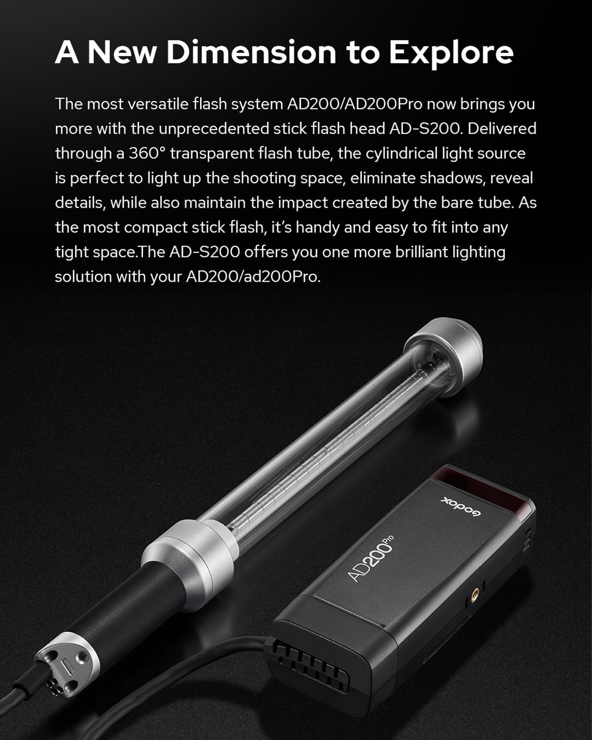 Godox AD-S200 Stick Flash Head 200W 5800K for AD200, AD200Pro and AD200Pro II Pocket Flashes with Barn Door, AD-E2 Flash Holder Metal Bracket and Carry Bag