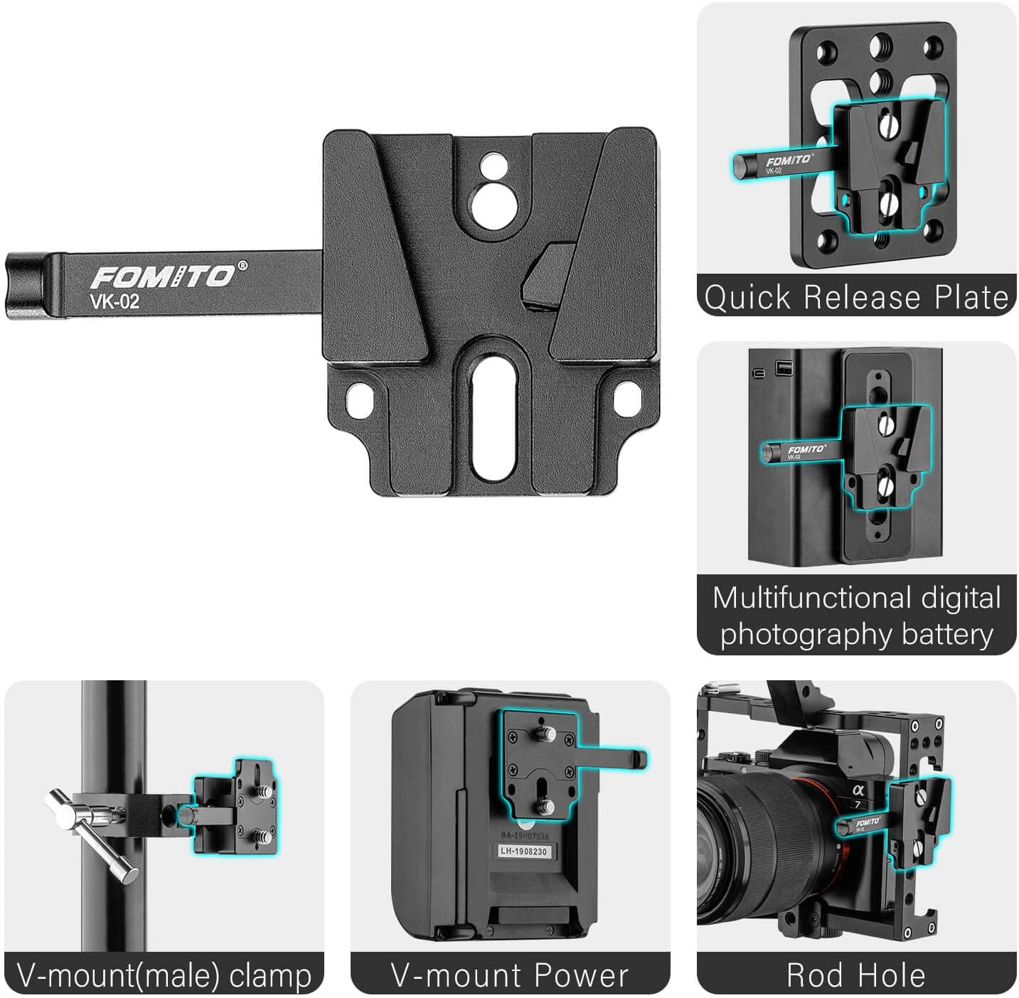 Fomito-VK-02 V Mount Battery Plate V Mount Adapter VK-02 V-Mount V-Lock Base Station Quick Release Plate-F0025/F0026/F0027/F0028