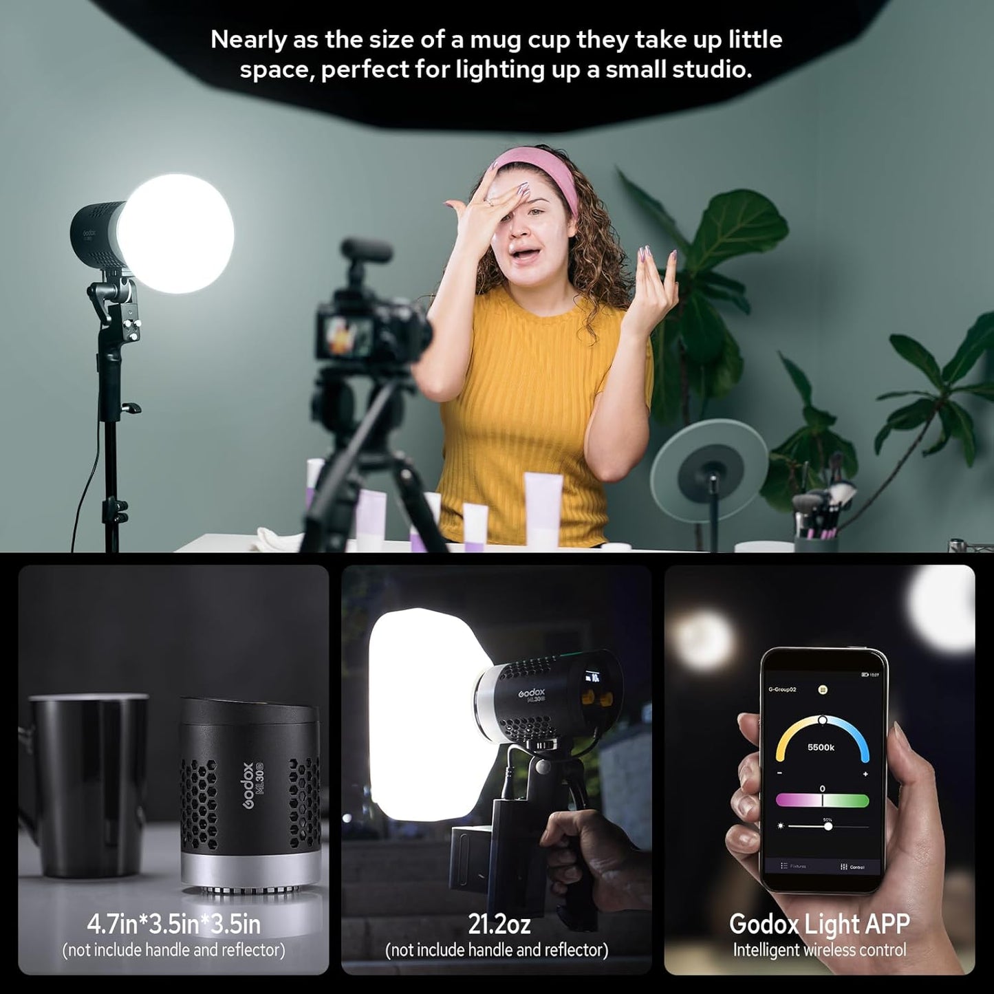 Godox ML30Bi Handheld Bi-Color LED Video Light, Portable Studio LED Continuous Light 2800K-6500K, 41000 lumens CRI 96+ TLCI 97+, 21 FX Effects, APP Control, Silent Mode, Compatible with Godox Mount