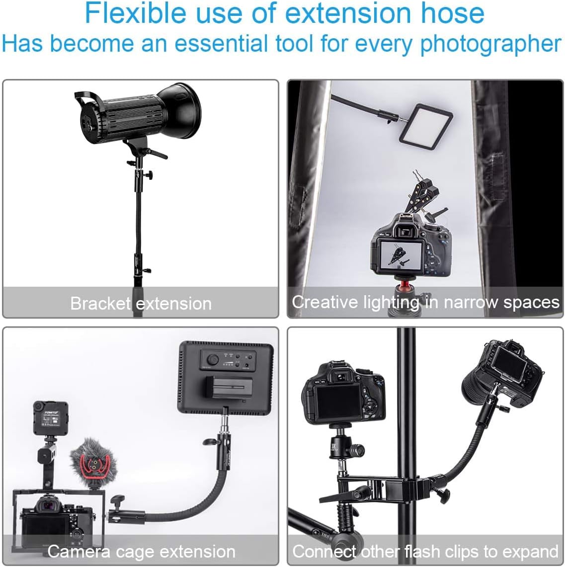 Fomito-RG-01 12.5 Inch/32cm Flexible Arm Extension Pole with 1/4-3/8in Converter Screw for Marco Ring Light/LED Panel, for Light Stand, Tripod, Monopod Photography, Max Load 5.5lbs/2.5kg-F0063