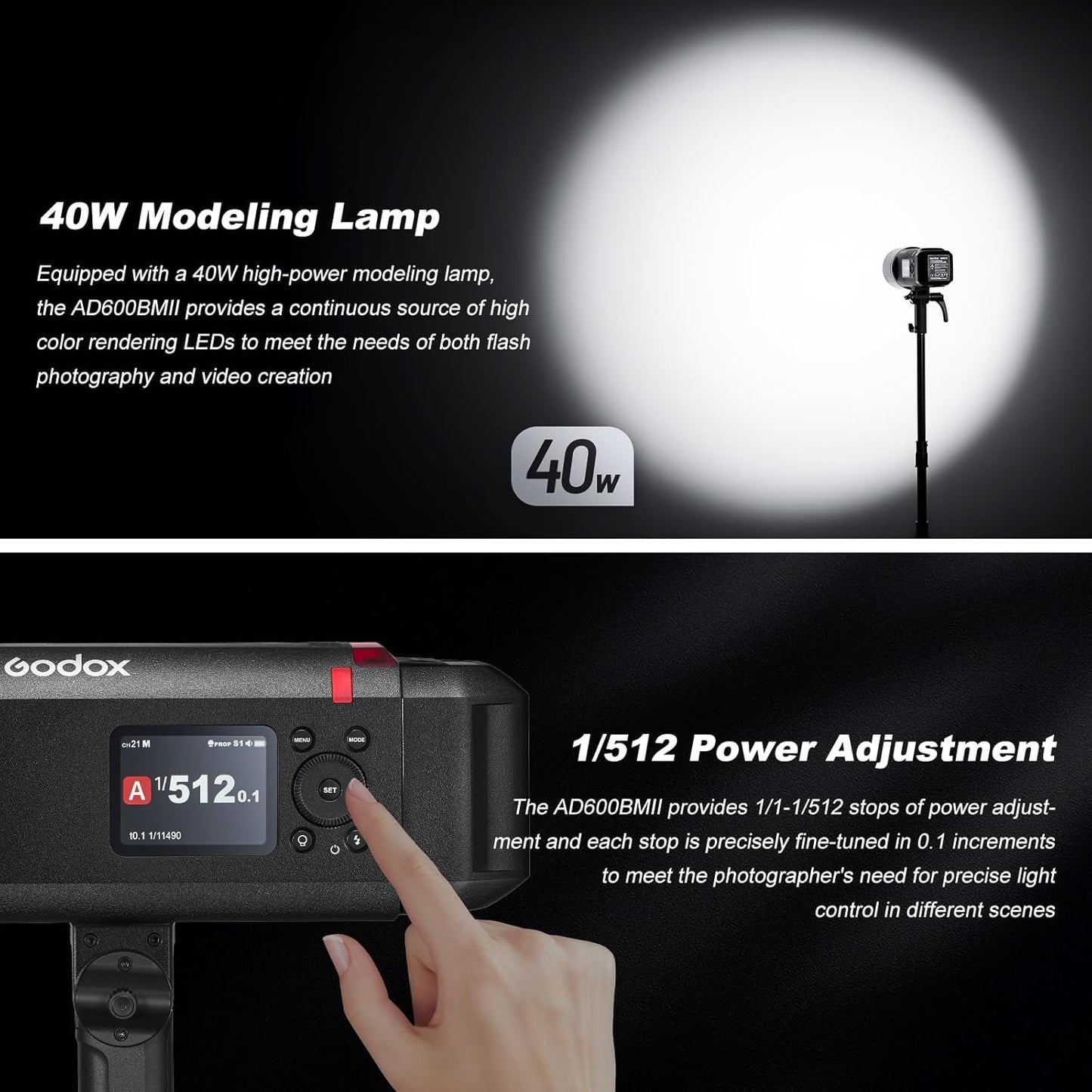 Godox AD600BM II Upgraded Godox AD600BM Bowens Mount 600Ws GN87 HSS Outdoor Flash Strobe,1/8000s HSS Speedlite Monolight with 40W Modeling Light,Color Group Indicator,0.01~1.9s Recycle Time