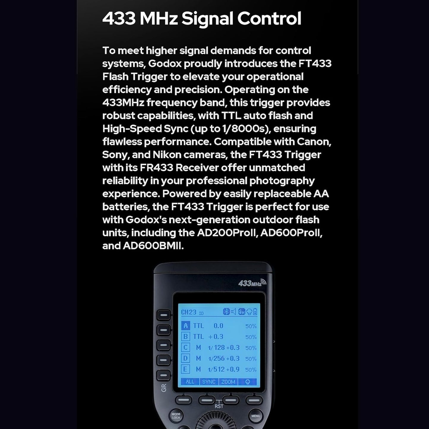 GODOX FT433-C HSS TTL Wireless Flash Trigger for Canon Cameras,433 MHz Signal Control,TCM Switch,Hot Shoe,Single-Contact, Rapid-Fire