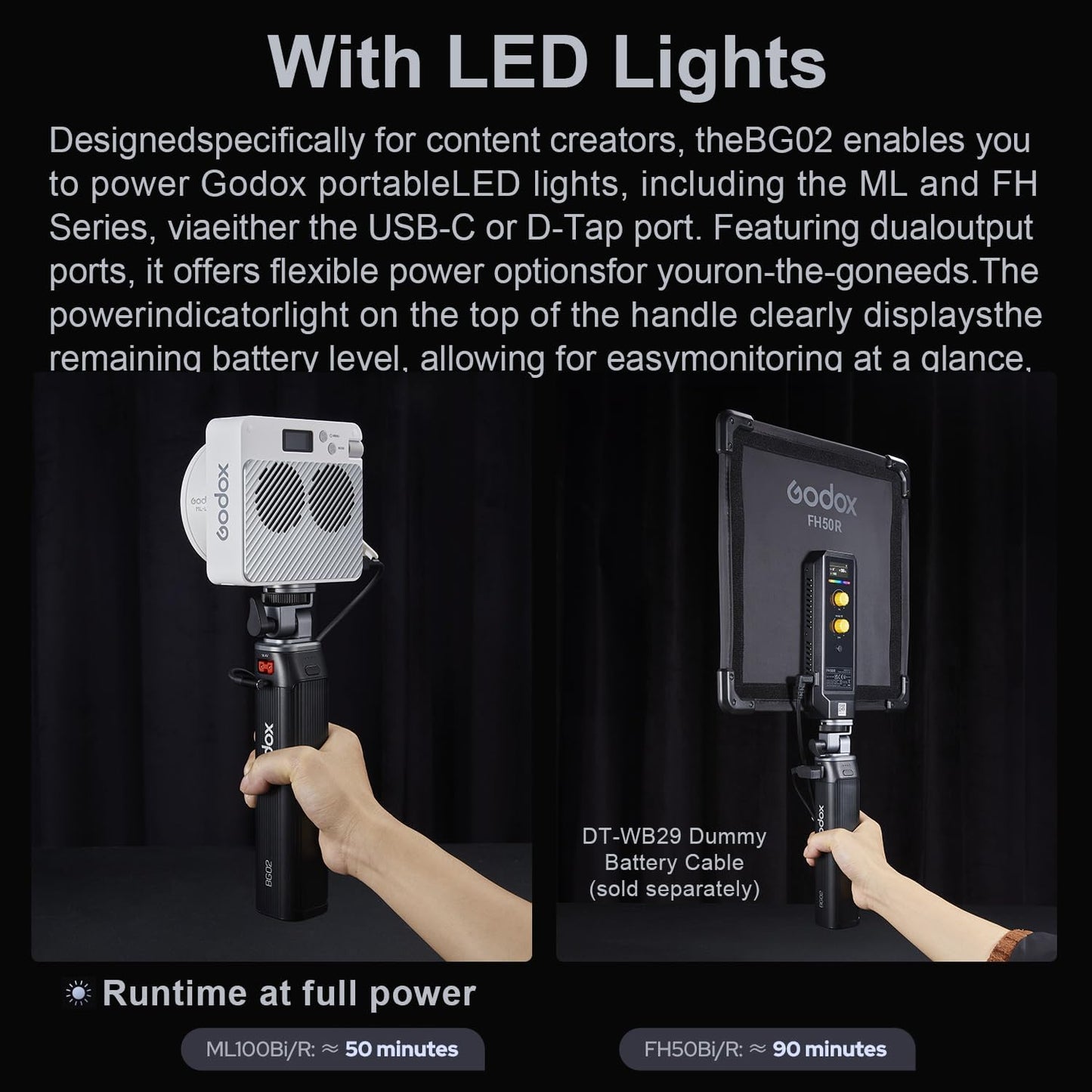 Godox Battery Grip BG02 with D-Tap and USB-C Cable for Flash Light and LED Video Light,95Wh Power Handgrip for AD200 AD200pro II AD300pro ML100Bi ML60Bi FH50Bi FH50R and Other Photography Studio Light