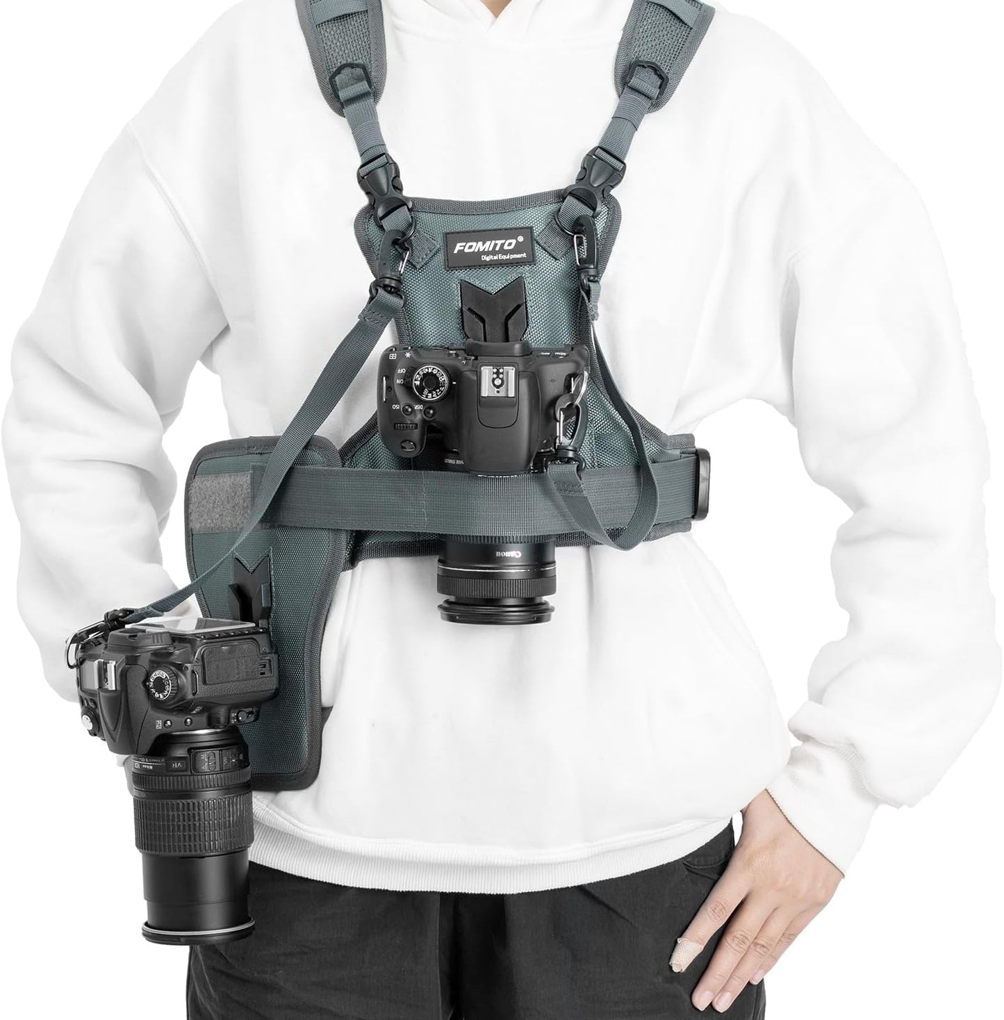 Fomito-JD-JS/JD-SJ2 Dual Camera Harness, Multi Carrying Radio Chest Vest System with Side Holster for Canon 6D 600D 5D2 5D3 for Nikon D90 for Sony A7S for Panasonic for Olympus DSLR Cameras Climbing Wedding Travel-F0171/F0172