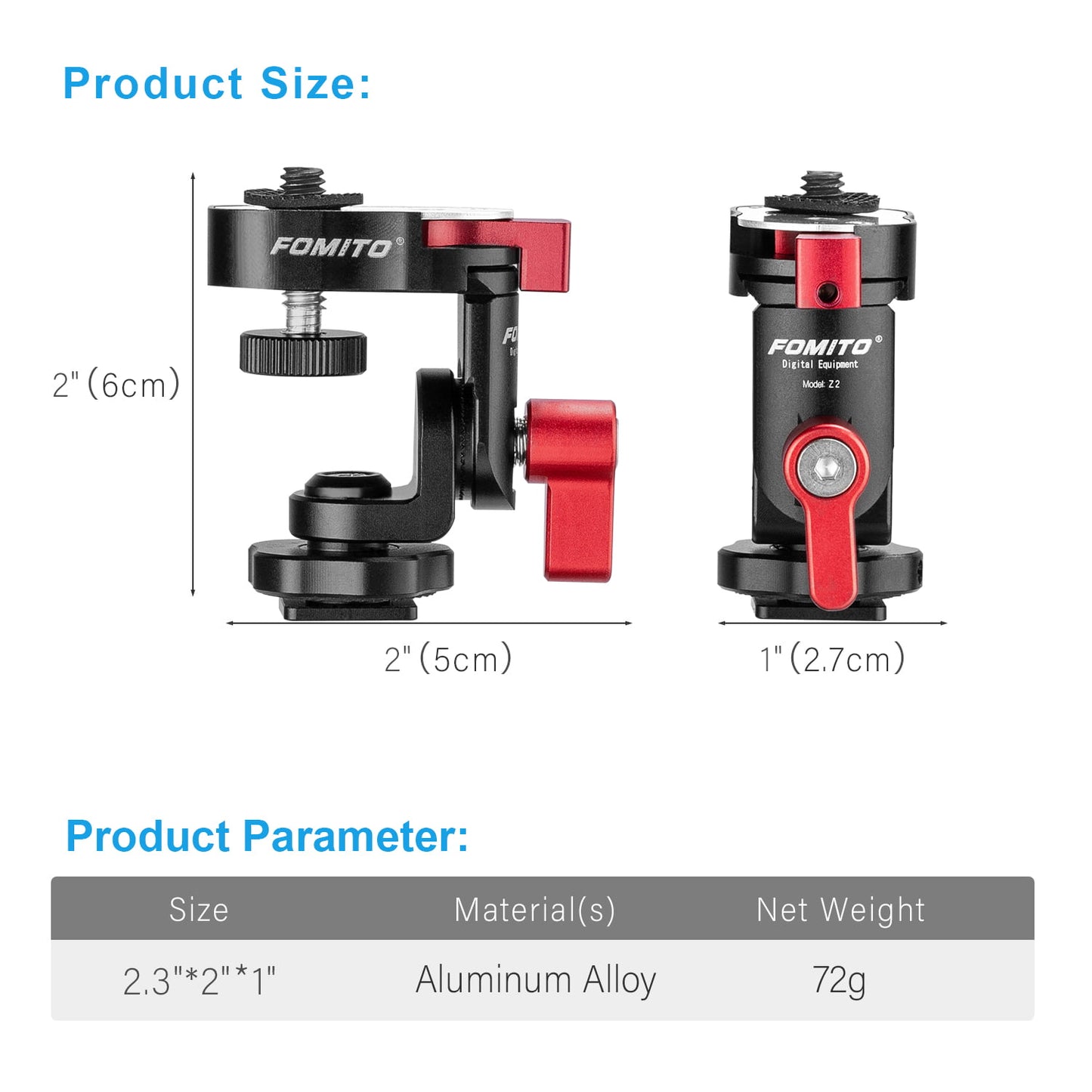Fomito-Z2 Pro Rotary Tripod Head Camera Monitor Holder Mount Arm Hot Shoe Adapter for Flash Speedlite, Field Monitor, LED Video Light, Microphone-F0008