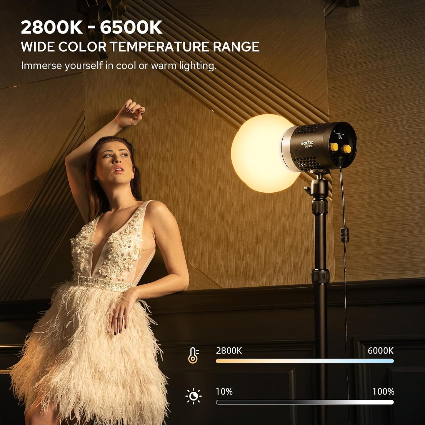 Godox ML30Bi Handheld Bi-Color LED Video Light, Portable Studio LED Continuous Light 2800K-6500K, 41000 lumens CRI 96+ TLCI 97+, 21 FX Effects, APP Control, Silent Mode, Compatible with Godox Mount