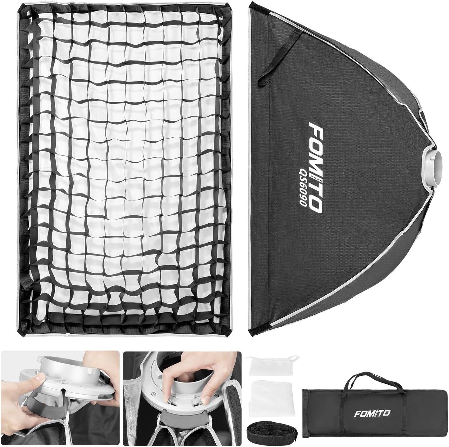 FOMITO- QS6090/QS30120/QS35160 11.8" x 47.2" Quick Release Strip Softbox 30x120cm Rectangular Bowens Mount Light Box with Beam Grid for Aputure Godox SmallRing Neewer YongNuo LED Monolight Studio Strobe Lighting-F0152/F0153/F0154