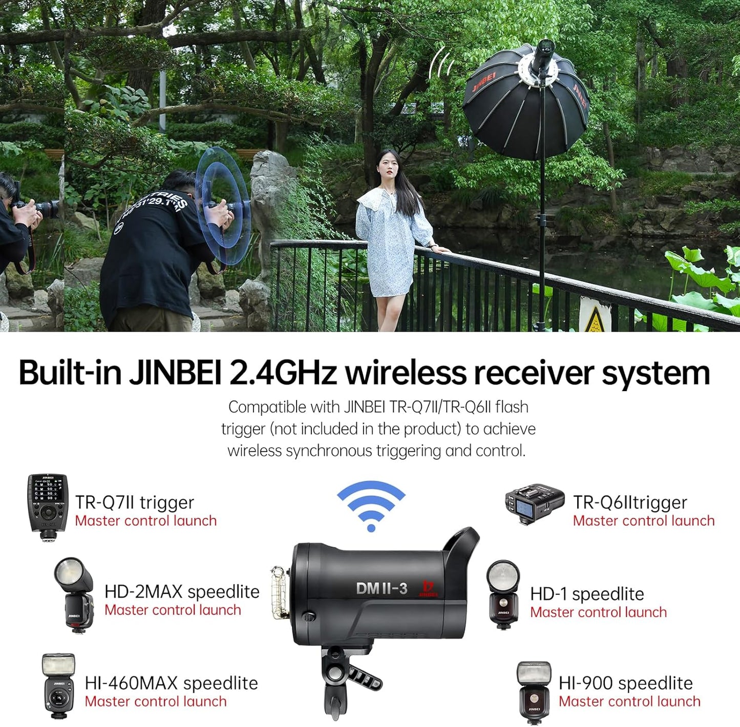 DMII-3 300W Studio Flash 5500K±200K 2.4G Wireless Strobe Flash Light Monlight with 15W LED Modeling Light,Bowens Mount,0.1~1.8S Recycle Time Easycap Mode,for Studio Portrait Commerce Photography