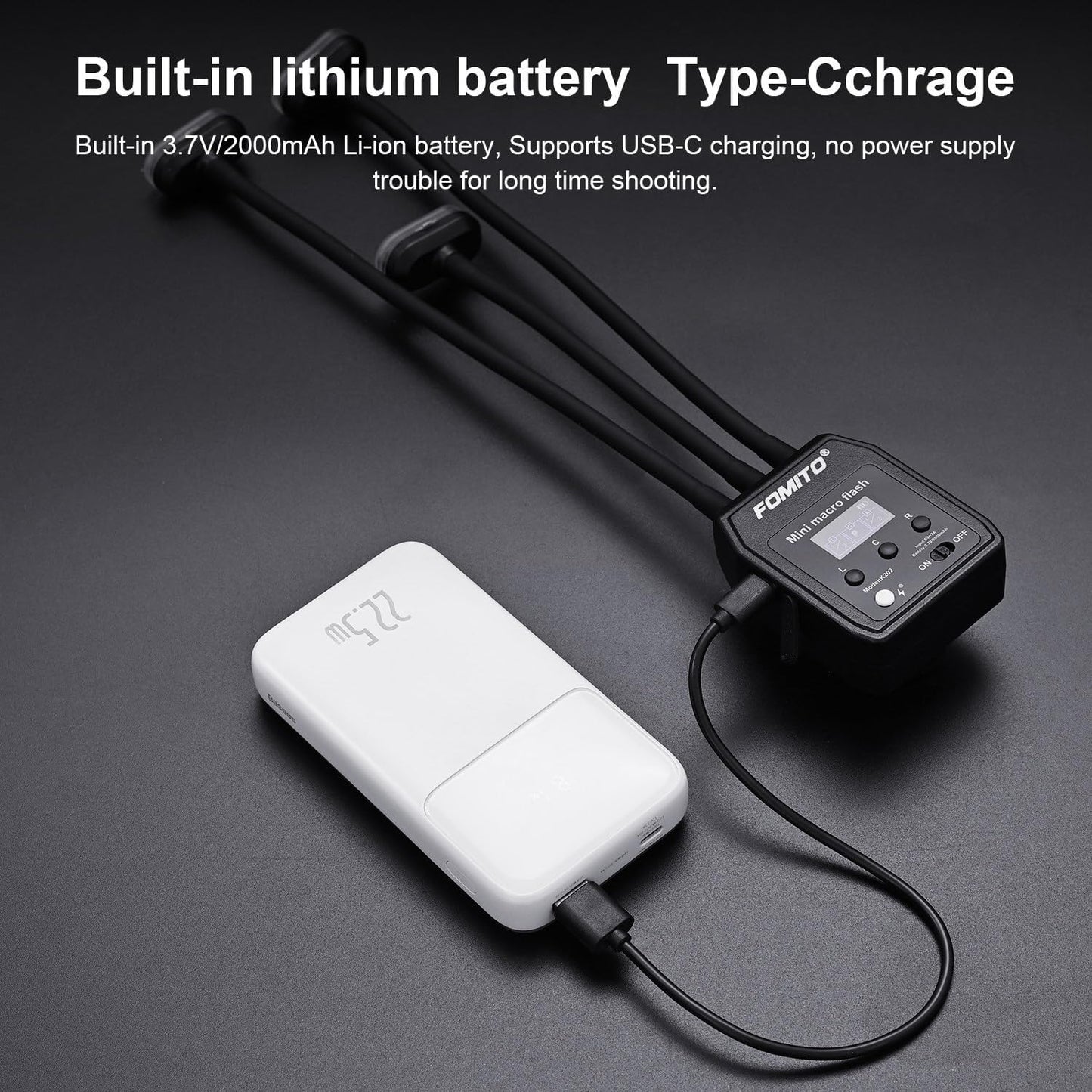 Fomito-K202M Mini Macro Flash, Single Contact Hotshoe, Three-Head with 13pcs Diffuser and Type-C Cable, 8 Levels of Adjustable Brightness, 9-Stop LED Light to Assist Focusing, Built-in 3.7V/2000mAh Battery-F0066