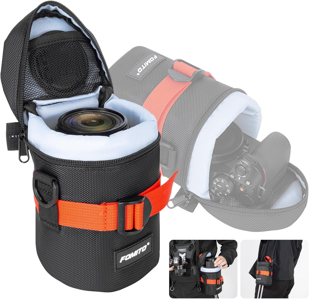 FOMITO Camera Lens Case Pouch Bag for Canon EF-S 17-55mm/17-85mm,EF 35mm f2, Nikon AF-S 18-200mm/18-105mm/18-300mm, Fujifilm XF 56mm f1.2 R & More Lens Below 3.94" x 6.1"(D x L) - Black M size