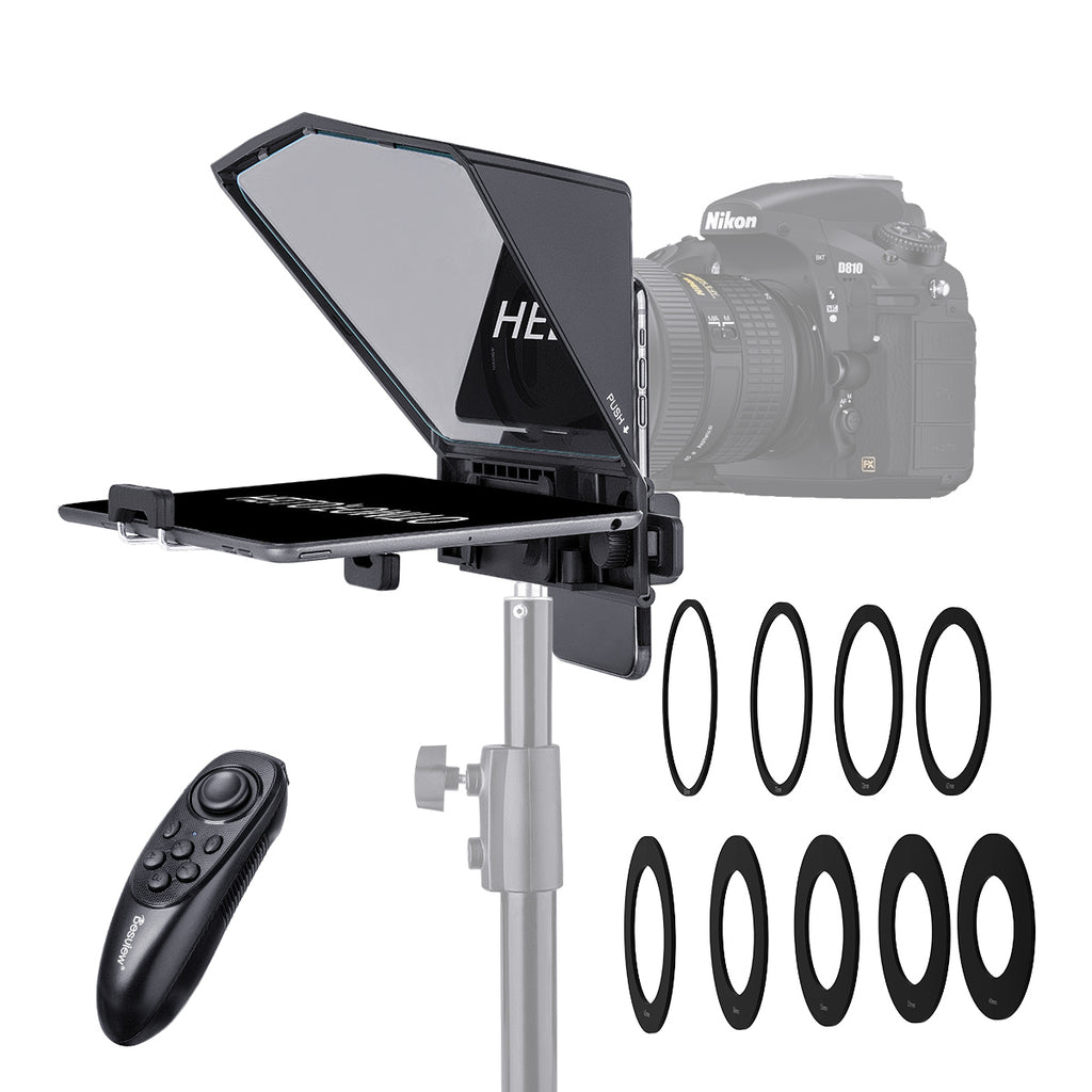 Desview T2 Teleprompter Prompter for Smartphone/Tablet/DSLR Camera with 8 Sizes Lens Adapter Rings