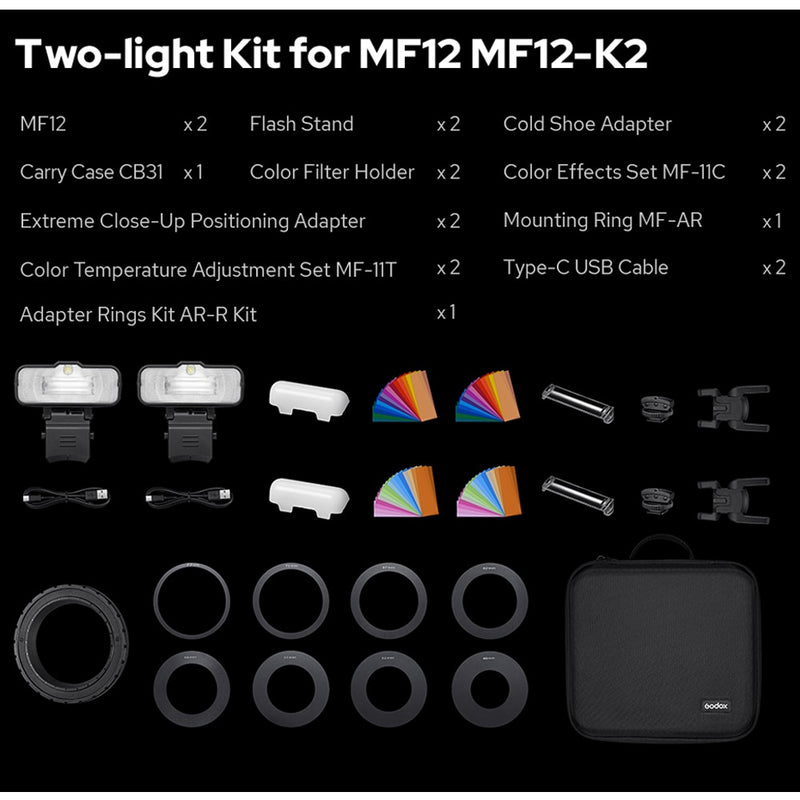 Godox MF12-K2 Macro Flash 2 Light Kit Mini Speedlite built-in Godox X System TTL Flash + Color Filter Diffuser for Macro Shots
