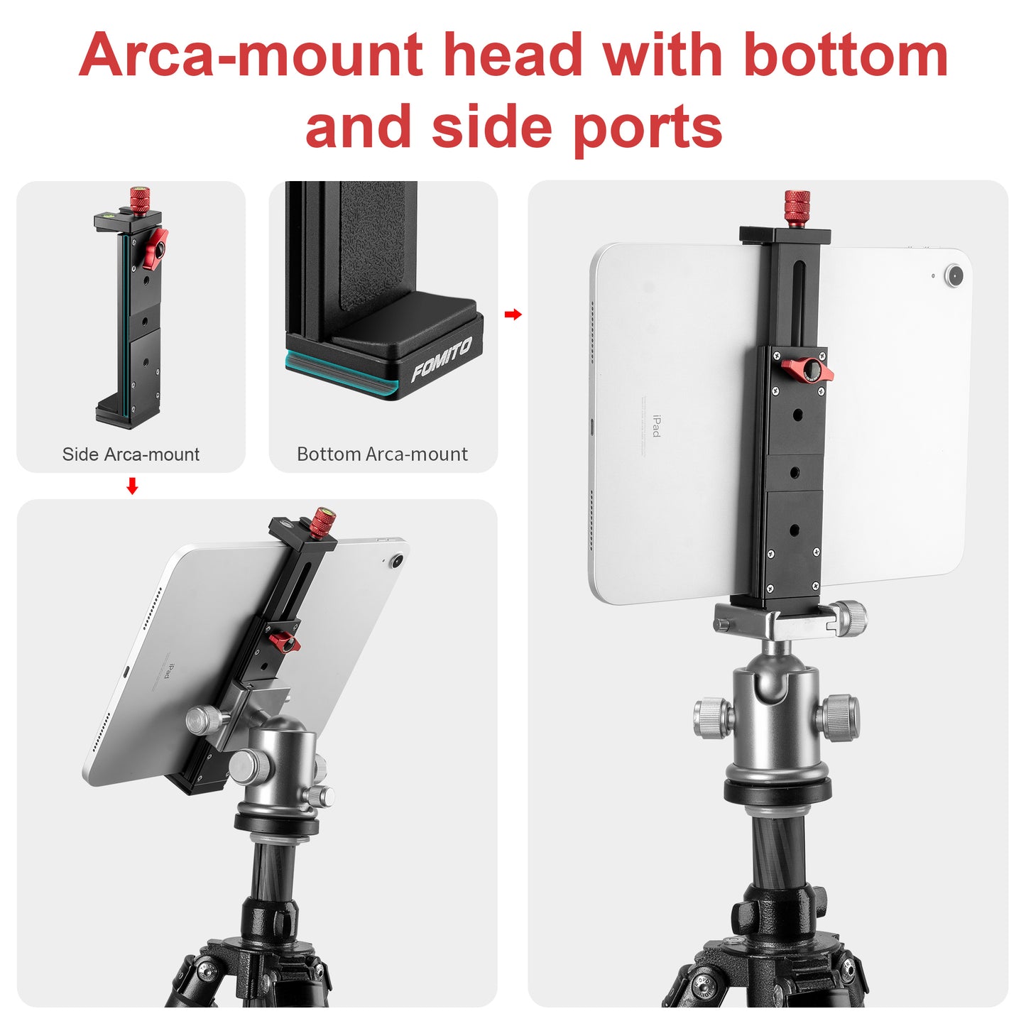 FOMITO J5 Universal Metal Tablet & Phone Holder Mount with Dual Arca-Swiss Mounts, Cold Shoe & 1/4" Thread for iPad, iPhone, Camera Cage, Tripod & Chest Harness