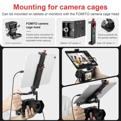 FOMITO J5 Universal Metal Tablet & Phone Holder Mount with Dual Arca-Swiss Mounts, Cold Shoe & 1/4" Thread for iPad, iPhone, Camera Cage, Tripod & Chest Harness