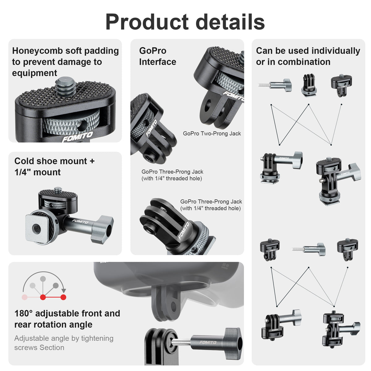 FOMITO Z7 Universal All-Metal Action Camera Adapter Kit with Cold Shoe & 1/4" Mount for GoPro, DJI & Insta360