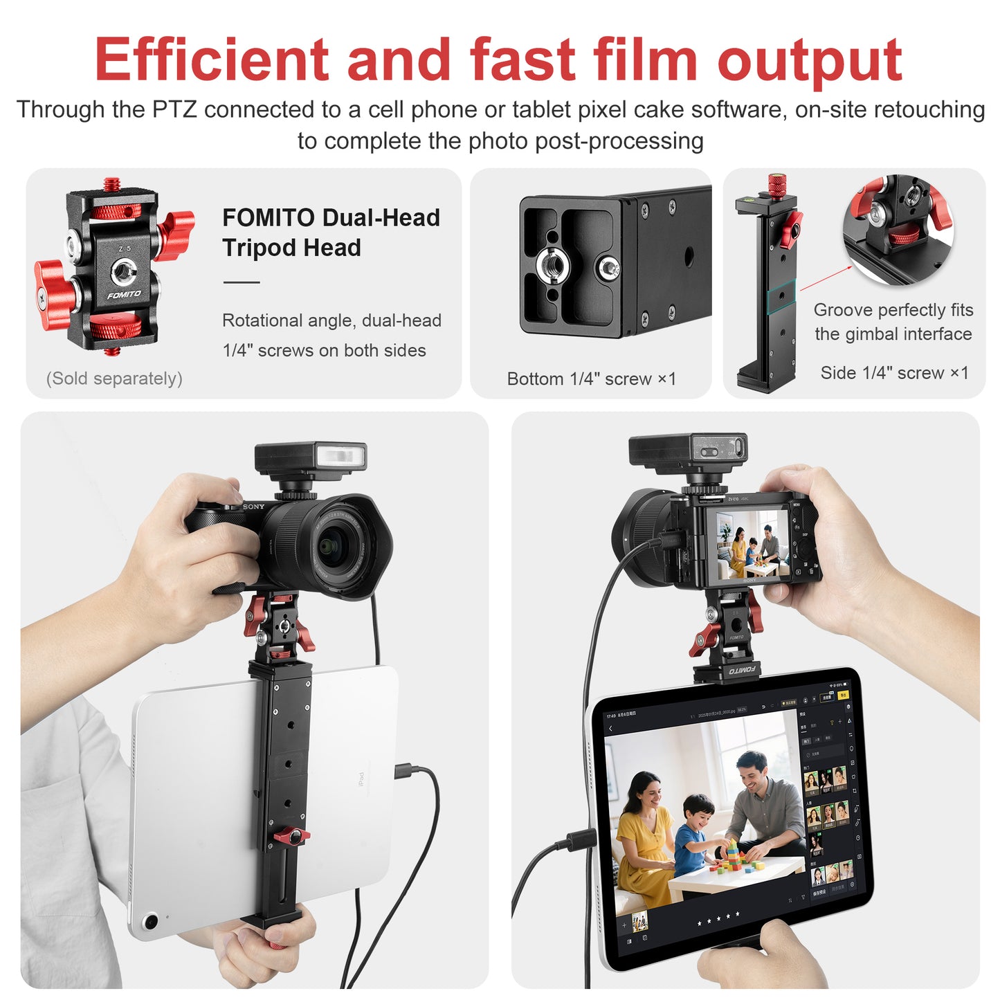 FOMITO J5 Universal Metal Tablet & Phone Holder Mount with Dual Arca-Swiss Mounts, Cold Shoe & 1/4" Thread for iPad, iPhone, Camera Cage, Tripod & Chest Harness