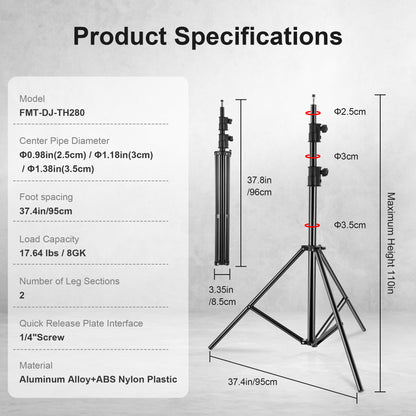 FOMITO 110" / 2.8M Heavy Duty Aluminum Light Stand, Spring Cushioned Studio Photographic Tripod with 1/4" Screw, Max Load 17.6 lbs/8kg for Softbox, Flash, Projector & Monitor, Model FMT-DJ-TH280