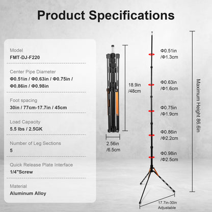 FOMITO Ultra-Flat Portable Light Stand 70"/86.6" Adjustable Aluminum Photography Tripod Stand for DJI Pocket 3, Cameras, Ring Light & Projectors (Model: FMT-DJ-F220)
