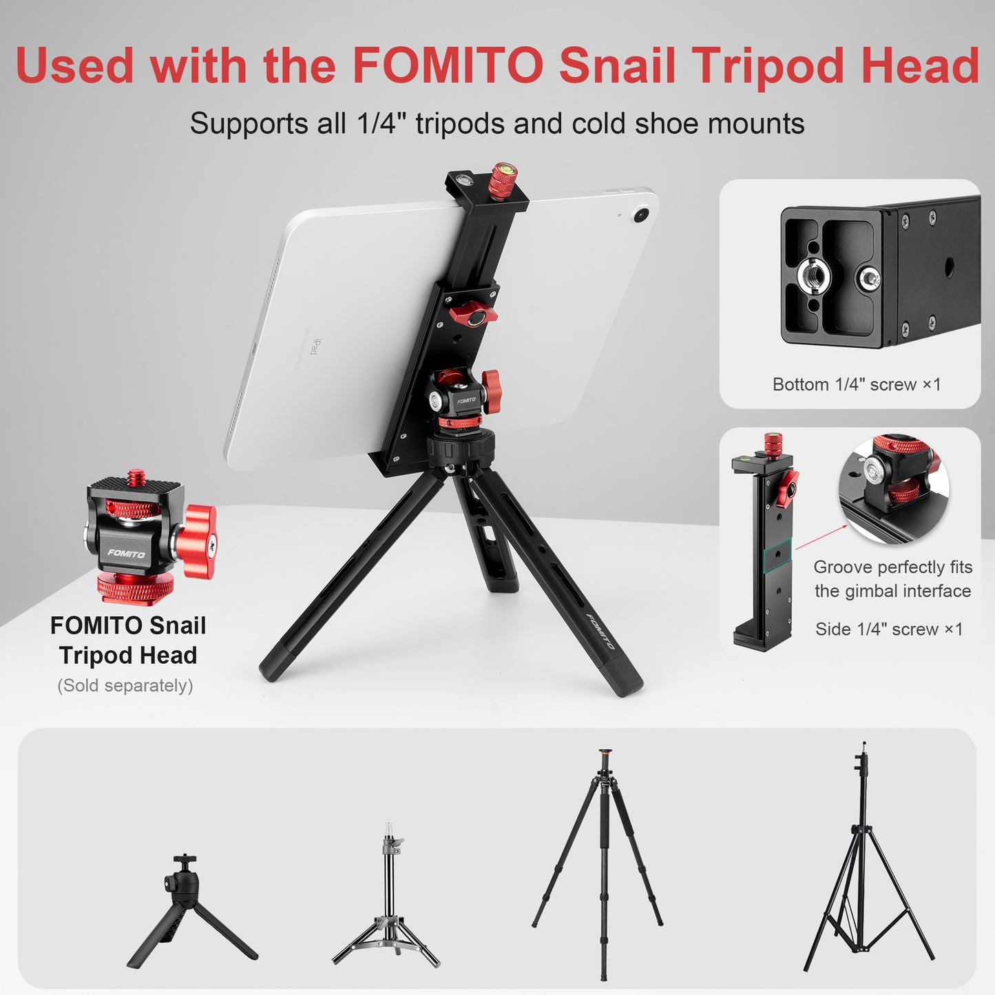FOMITO J5 Universal Metal Tablet & Phone Holder Mount with Dual Arca-Swiss Mounts, Cold Shoe & 1/4" Thread for iPad, iPhone, Camera Cage, Tripod & Chest Harness