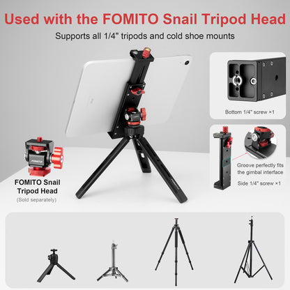 FOMITO J5 Universal Metal Tablet & Phone Holder Mount with Dual Arca-Swiss Mounts, Cold Shoe & 1/4" Thread for iPad, iPhone, Camera Cage, Tripod & Chest Harness