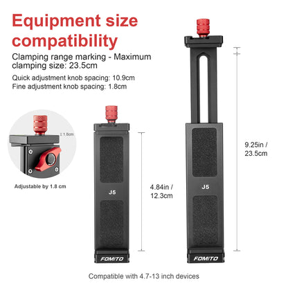 FOMITO J5 Universal Metal Tablet & Phone Holder Mount with Dual Arca-Swiss Mounts, Cold Shoe & 1/4" Thread for iPad, iPhone, Camera Cage, Tripod & Chest Harness