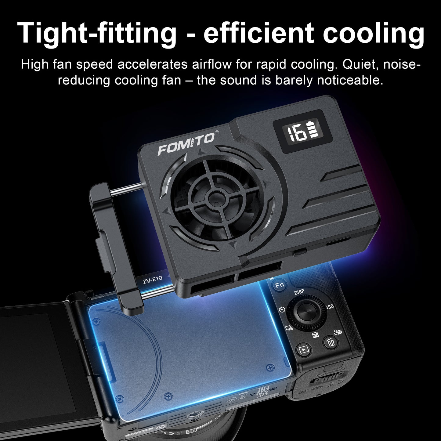 Fomito FS-08 Semiconductor Camera Cooler with Temperature Display & 2200mAh Battery - Instant Cooling Fan System for Sony, Canon, Fujifilm, Nikon Vloggers & Filmmakers