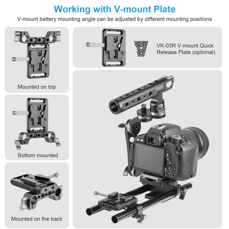 Fomito PJ-03 Pipe Clamp for V-Mount Quick Release Plate, Slide Rail with 1/4" and 3/8" Screw Holes (Fit to Tube Size Max 15mm / 0.59inch)