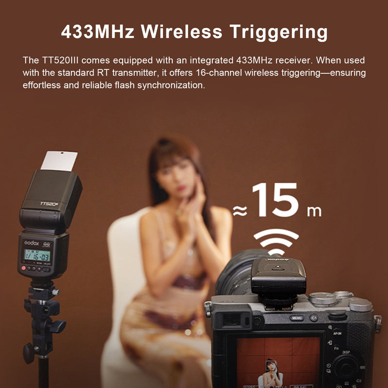 GODOX TT520III Camera Flash - Wireless 433MHz GN33 Camera Flash Speedlite, Built-in Receiver and RT Transmitter Compatible for Canon Nikon Sony Olympus Pentax Fuji DSLR etc Cameras (TT520II Upgraded)