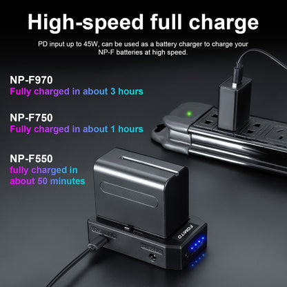 FOMITO NP-45W NP-F Battery Adapter Plate Mount with Hot Shoe Adapter & DC Cable