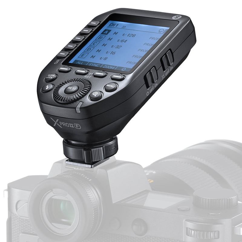 Godox XProII-F XProIIF TTL Wireless Flash Trigger for Fuji Cameras, 2.4G Wireless Flash Transmitter HSS 1/8000S, Bluetooth Connection, TCM Transform Function, New Hotshoe Locking, Large LCD Display