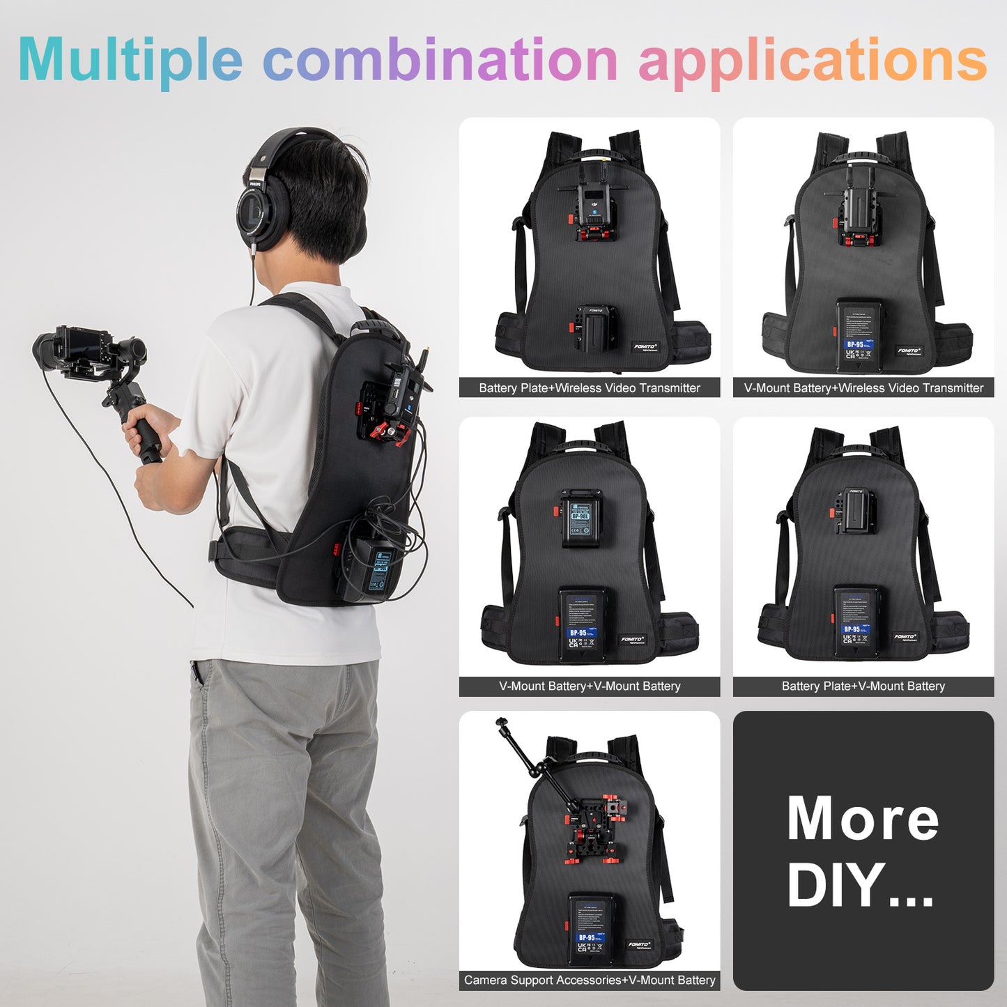 Fomito BB-03 Wearable V-Mount Backpack Rig with VK-01 Quick Release Plates for DJI Transmission, Wireless Monitors & V-Lock Batteries