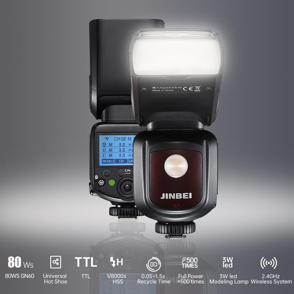 HI-900 Professional TTL Camera Flash 80Ws GN60, 1/8000s HSS, 360° Rotating Head, 2500mAh Li-ion, 3W LED Modeling lamp, 2.4G Wireless Master/Slave for Canon/Nikon/Fuji/Panasonic