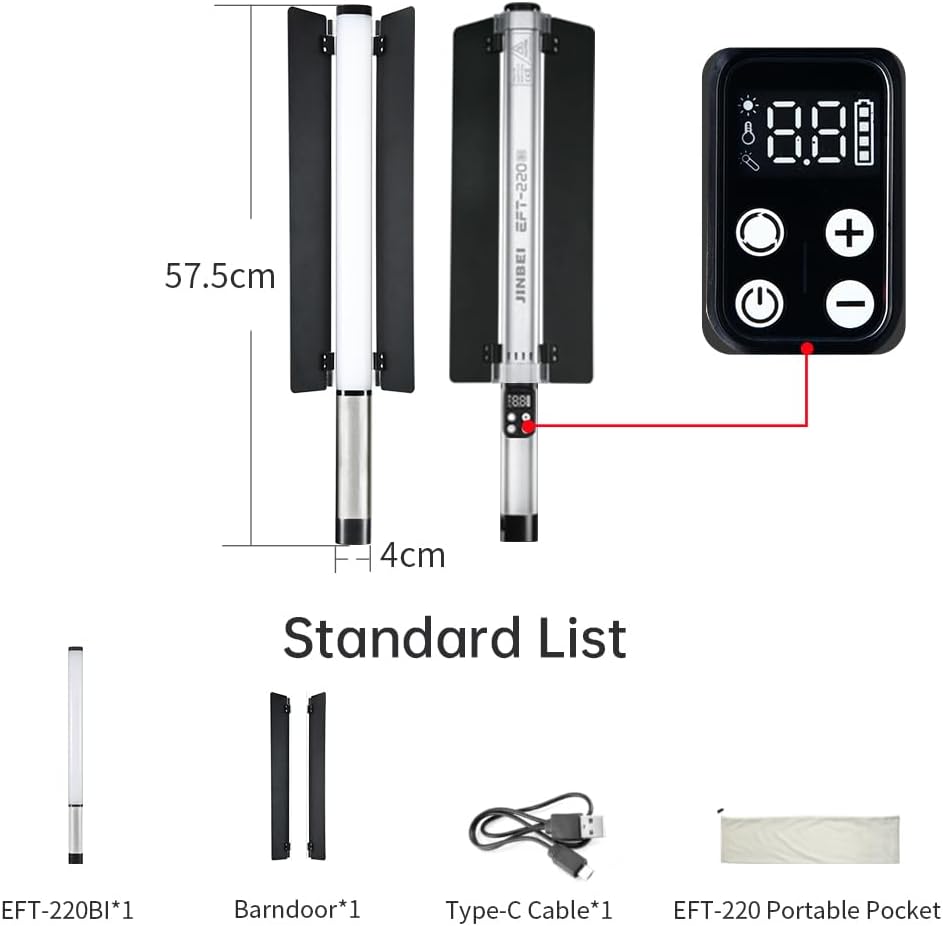 JINBEI EFT-220 Bi-Color Handheld Light Stick Built-in 3000mAh Battery 2700K ~ 7500K Light Wand Photography Ra>96 TLCI>98 with APP Control&Metal Barndoor 9 FX Lighting Effects for Video Photography