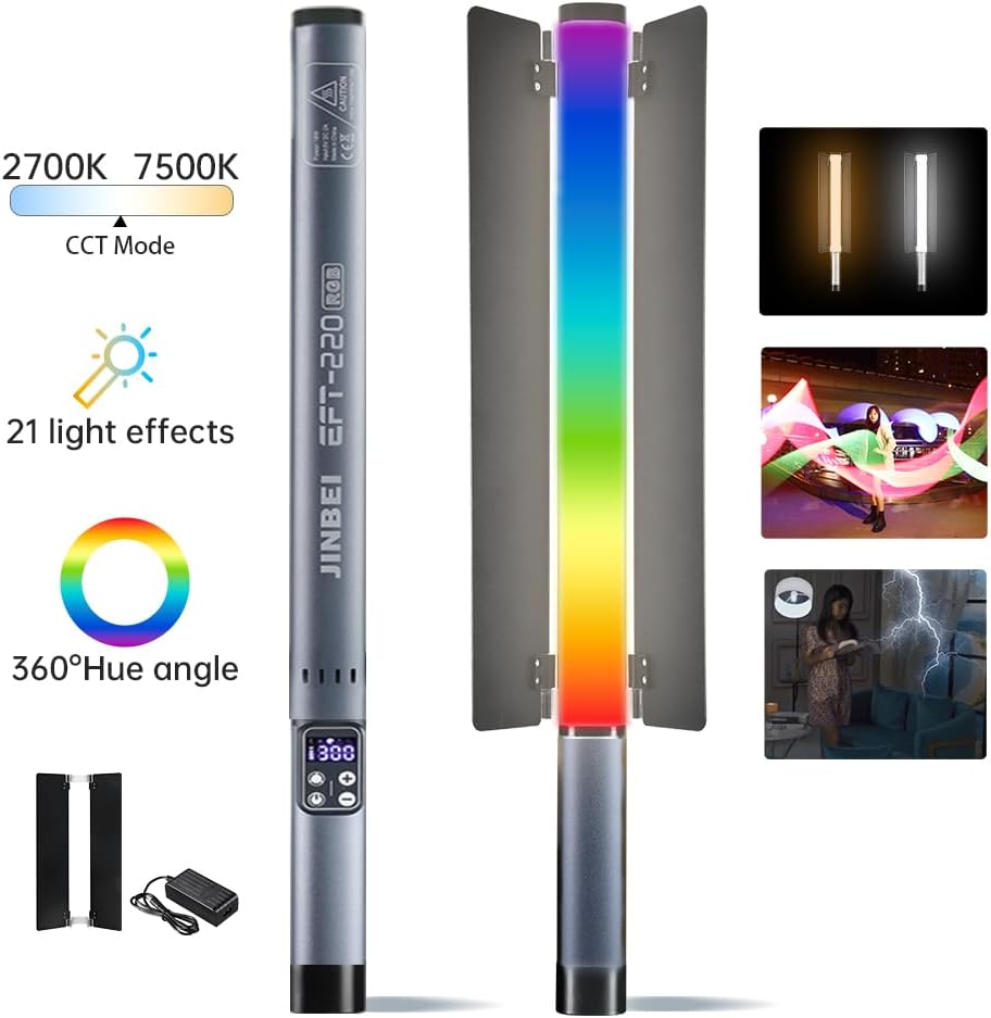 JINBEI EFT-220 RGB Handheld LED Light Stick, Light Wand Photography with APP Control & Metal Barndoor, Built-in 3000mAh Battery, Portable Dimmable 2700K-7500K, TLCI＞98, 21 FX Lighting Effects