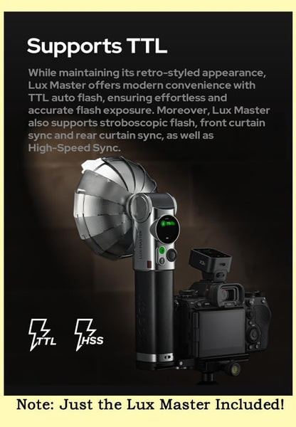 Godox Lux Master TTL Retro Camera Flash - Touchscreen Control, 6000K±300k CCT, GN25 460 Full Power, S1/S2 Optical Control, Type-C Charging, for Canon for Nikon for Sony Cameras and Others