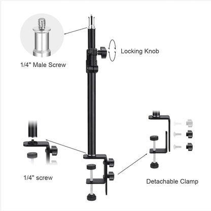 Fomito-FMT-ZJ-02 Camera Desk Mount Stand with 1/4" Ball Head and Phone Holder, 12.9-22" Adjustable Light Stand, Tabletop C Clamp for DSLR Camera, Ring Light, Live Streaming, Video Light, Smartphone, Panel Light-F0061