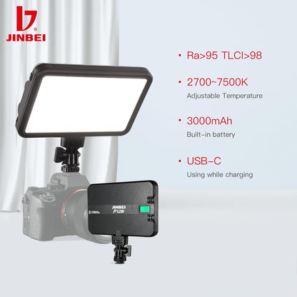 JINBEI P12BI LED Video Soft Light, 119 LEDs, 2700K-7500K, Nine Preset Effects, Studio & Camera Light with USB-C, Tripod & Mount, 2-Hour Battery Life
