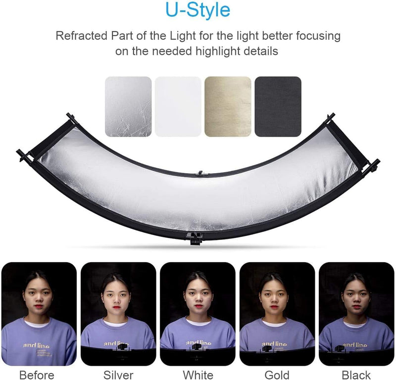 FOMITO Clamshell Light Reflector 70"x25.6"/178x65cm Arclight Curved Eyelighter Lighting Diffuser for Photography Stuido Filming Shooting, Black/White/Gold/Silver