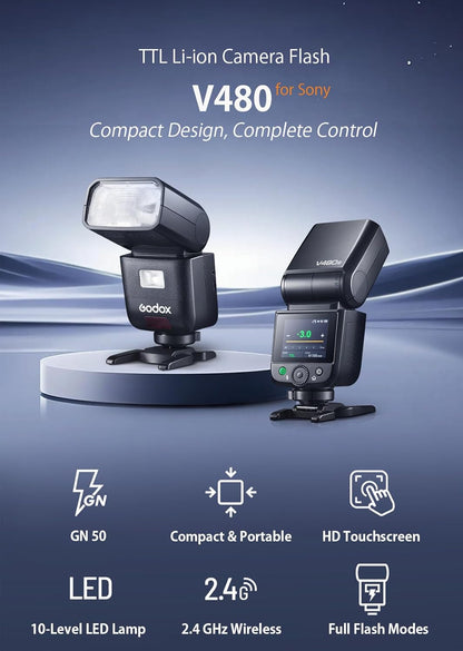 Godox V480 for Sony GODOX TTL Flash – GN50/1.7s Recycle/650 Flash Time/HSS/Smart Distance Readout/10 Level LED Modeling lamp/2.0” Touchscreen/2.4G Wireless System/TTL Camera Flash for Sony ZV-E10 etc.
