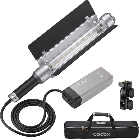 Godox AD-S200 Stick Flash Head 200W 5800K for AD200, AD200Pro and AD200Pro II Pocket Flashes with Barn Door, AD-E2 Flash Holder Metal Bracket and Carry Bag