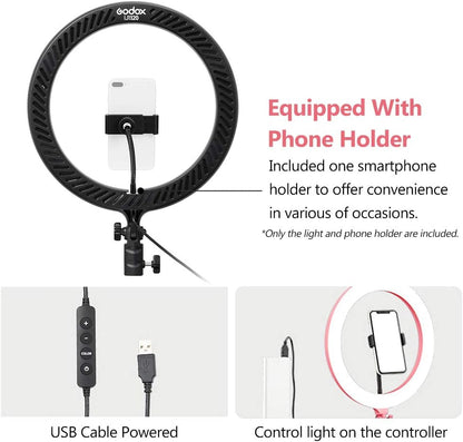 GODOX LR120 12 Inch LED Ring Light Photography Light Fill-in Light 3000K-6000K Bi-Color Temperature Adjustable Brightness USB Powered with Phone Holder for Live Streaming Selfie Makeup Photography
