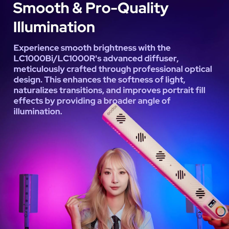 GODOX LC1000R Handheld RGB Tube Light, 2500K-8500K RGB Stick Light with Barndoor&Soft Diffuseur, 65W / 100W (P Model) 360°Full Color CRI 96+ 15 FX Effects LED Light Wand with Godox APP Control