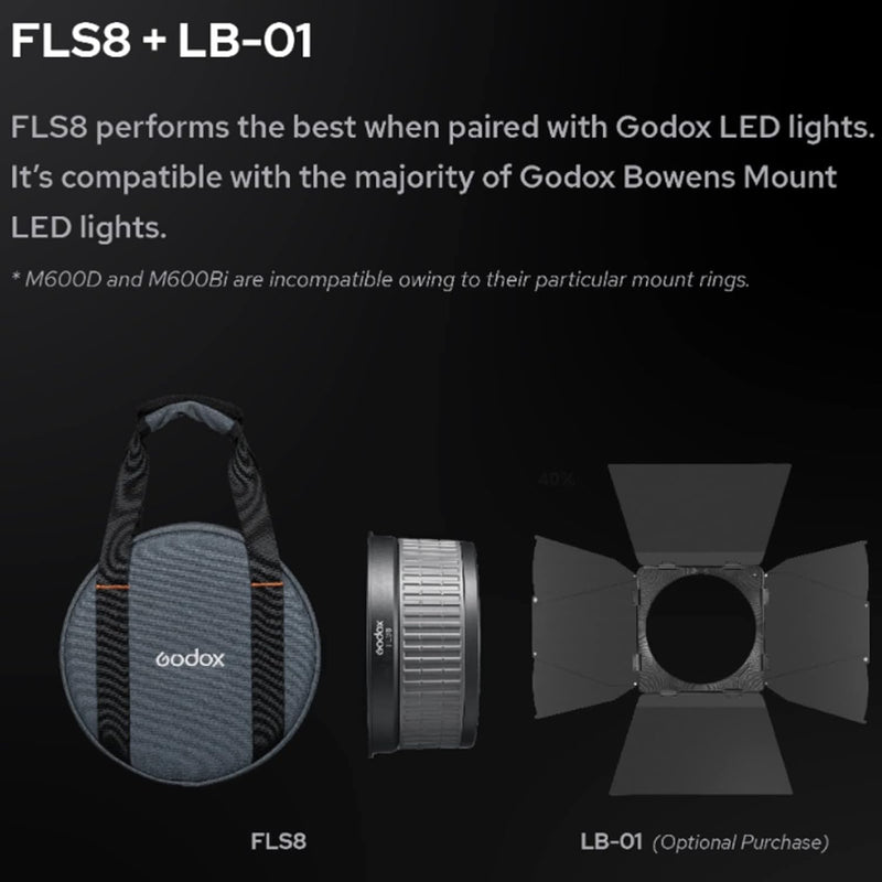 Godox FLS8 Fresnel Lens with Bowens Mount for Godox SL60W VL150 SL150II SZ150R SL200II SZ200BI Spotlight for Aputure LED Lights and Other Bowens Mount Continuous Lights (Adjustable Beam Angle 10-40°)