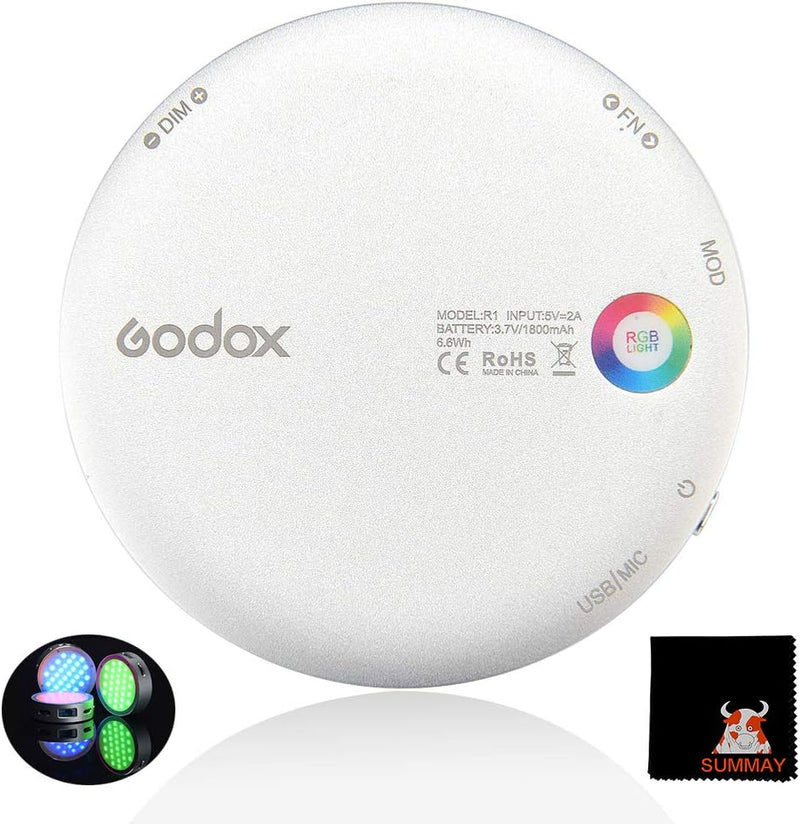 Godox R1 Round RGB Mini Creative Light, with Godox AK-R1 Accessories Kit, CRI 98 TLCI 97, Dimmable 2500K-8500K Full Color Video Light, 14 FX Lighting Effects, Music Mode, Magnetic Quick Install