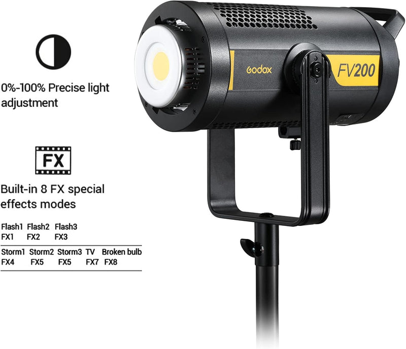 Godox FV200 200W 2.4G Flash LED Light,CRI96+,TCLI 96+,18000LUX,5600K±200K,1/8000s High Speed Sync, Built in 8 FX Special Effects Modes, Compatible for Canon, Nikon, Sony, Olympus,Panasonic