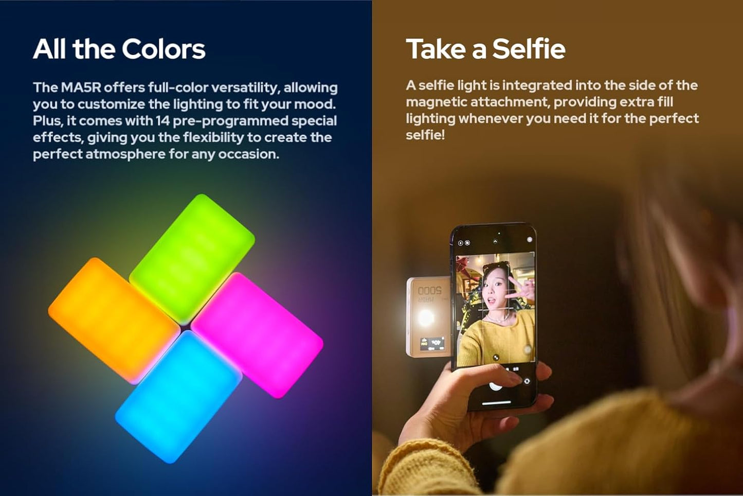 GODOX MA5R RGB LED Selfie Light Magnetic Charging Full Color Mini On Camera Video Light Phone Light, Adjusted 14 FX Modes, 1800-10000K 5000mAh Selfie Lighting for Photography/TikTok/Vlog/Video/Makeup