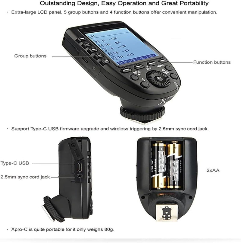 Godox Xpro-C TTL Wireless Flash Trigger for Canon 1/8000s HSS TTL-Convert-Manual Function Large Screen Slanted Design 5 Dedicated Group Buttons 11 Customizable Functions