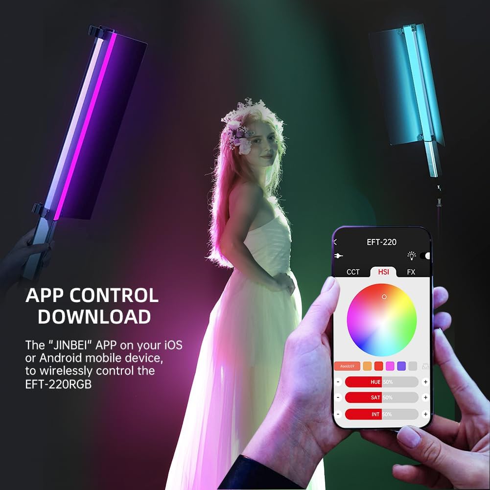 JINBEI EFT-220 RGB Handheld LED Light Stick, Light Wand Photography with APP Control & Metal Barndoor, Built-in 3000mAh Battery, Portable Dimmable 2700K-7500K, TLCI＞98, 21 FX Lighting Effects