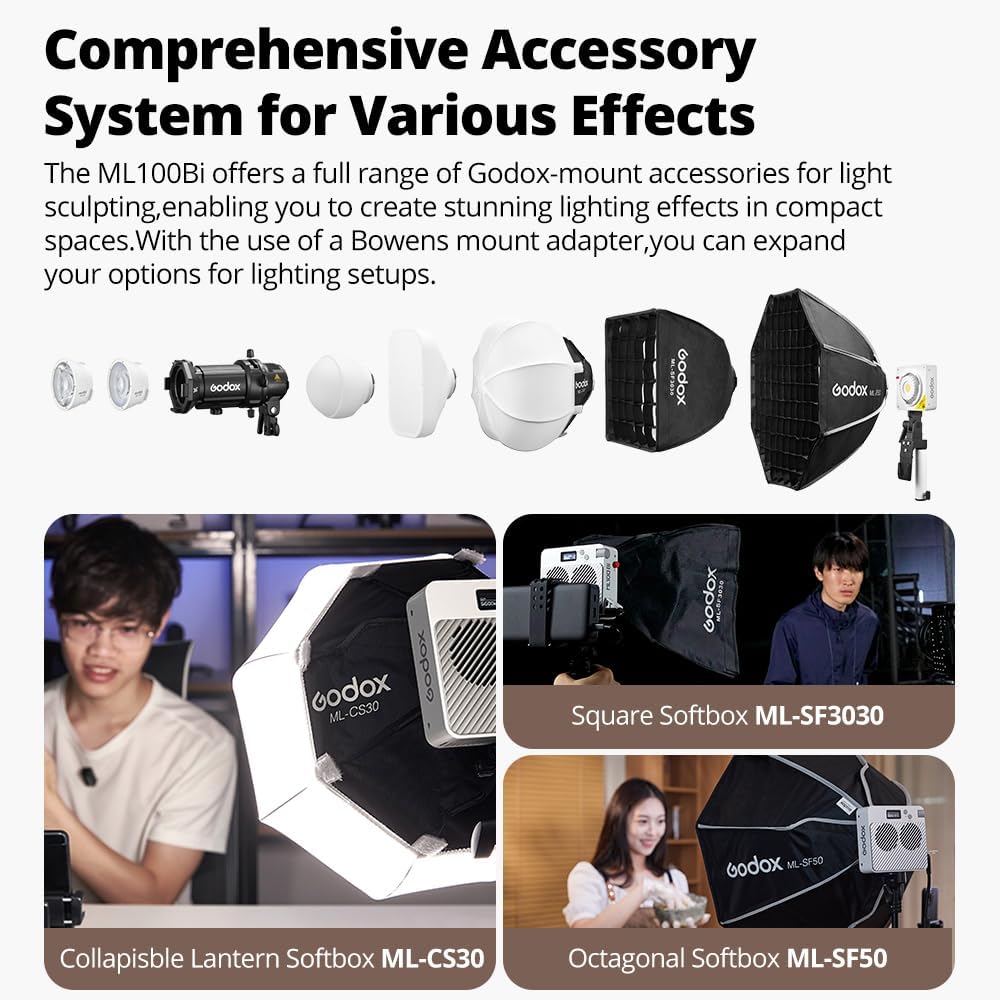 Godox ML100Bi 120W LED Video Light, 2800K-6500K Bi-Color Video Lighting Kit, 34300 Lux CRI 97+/TLCI 98+, APP Control, USB-C Charging, 11 FX Effects, for Filming/Live Streaming/Outdoor Photography