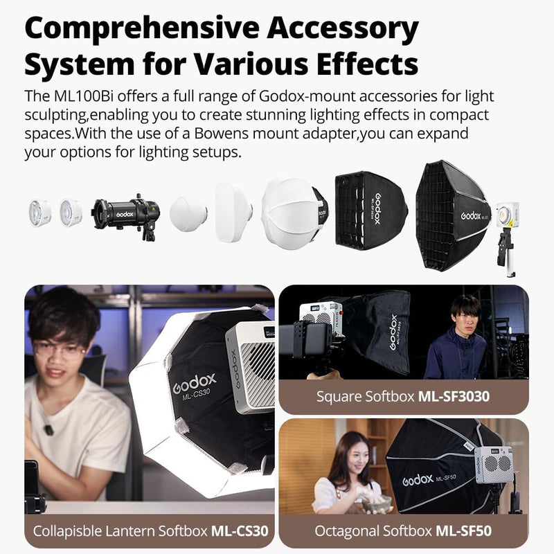 Godox ML100Bi 120W LED Video Light, 2800K-6500K Bi-Color Video Lighting Kit, 34300 Lux CRI 97+/TLCI 98+, APP Control, USB-C Charging, 11 FX Effects, for Filming/Live Streaming/Outdoor Photography